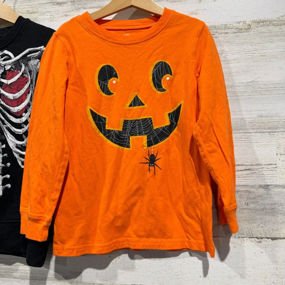 Carter's Halloween Tops Boys S 6-7 Orange Black Skeleton Pumpkin Spooky EUC